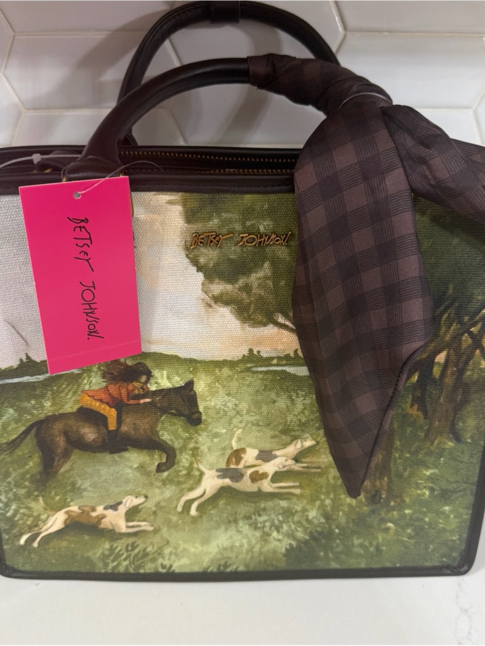 Betsey Johnson Green Horse & Hound Print Satchel with Brown Scarf Accent